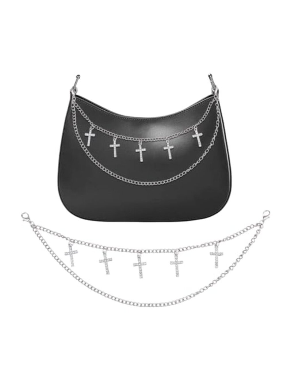 Rhinestone Cross Bag Charm Punk Purse Chain 2-Layer Shoulder Strap Extender
